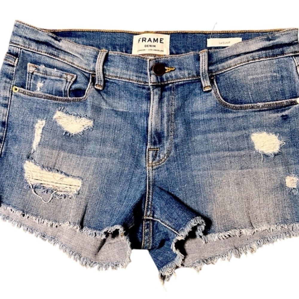 FRAME LE CUT OFF DENIM SHORTS SIZE 28 BLUE MID RISE DISTRESSED RAW HEM - Picture 2 of 12